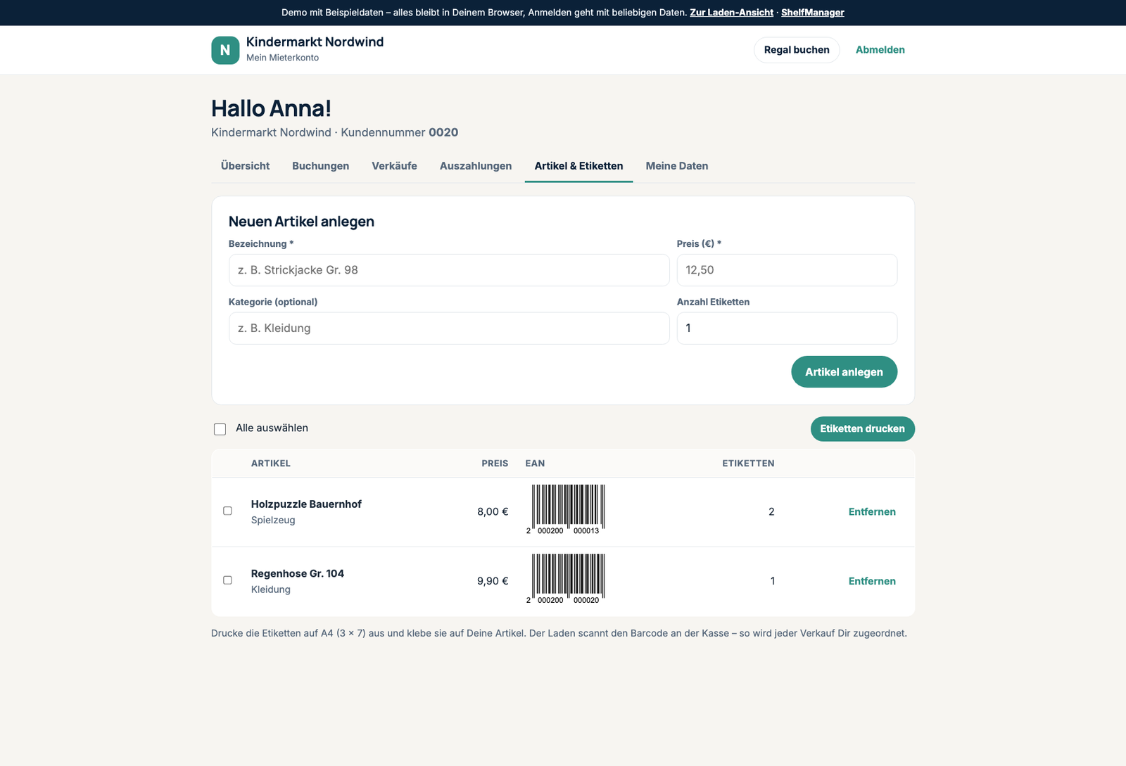 Kundenportal: Artikel anlegen mit EAN-Barcode und Etiketten drucken (Demo mit Beispieldaten)