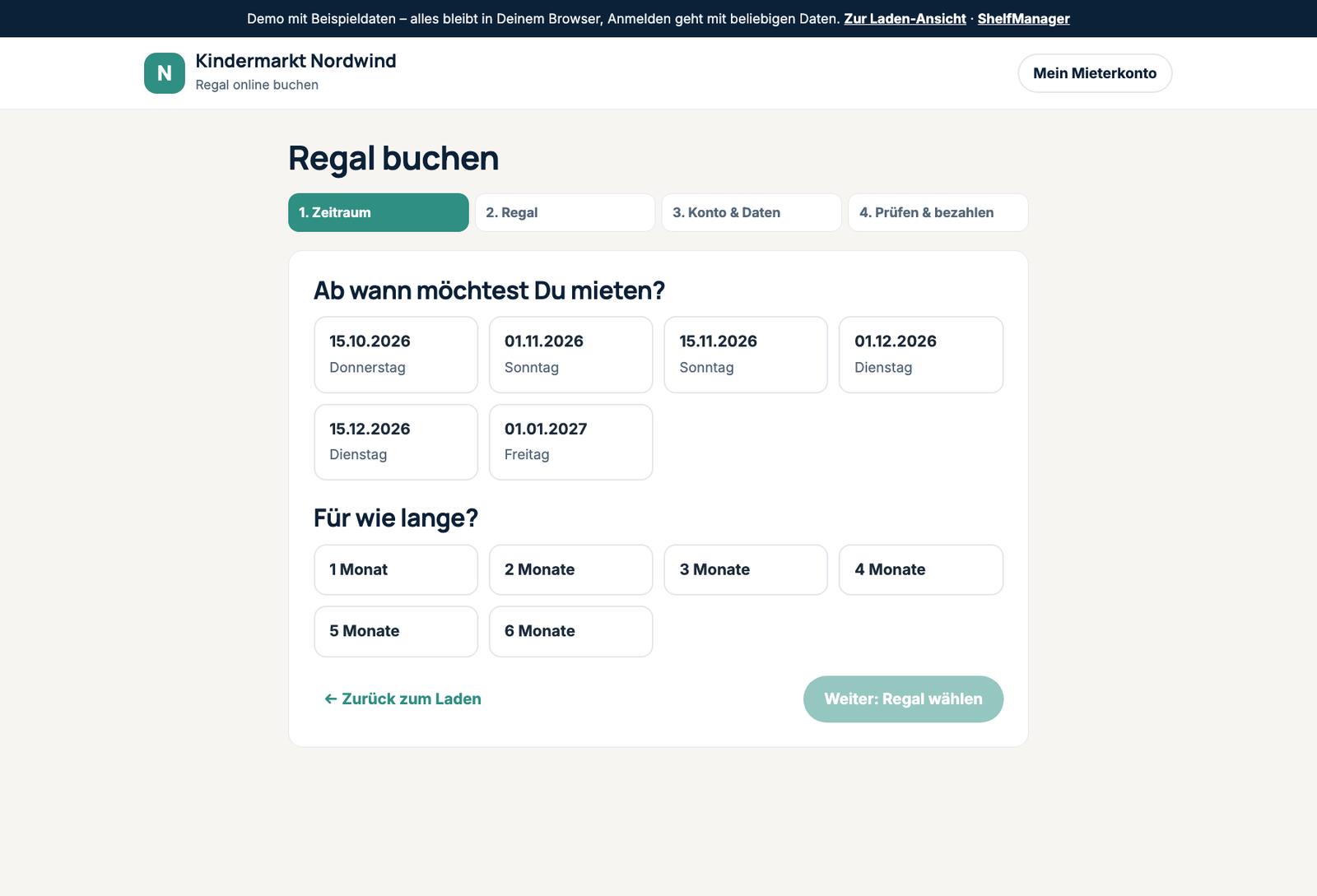 Online-Buchung: Mietbeginn und Laufzeit wählen (Demo mit Beispieldaten)